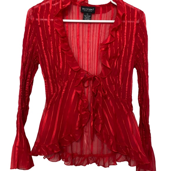 Bay Studio Tops - Red Ruffled Sheer Overlay Cardigan PETITE Small | Whimsigoth | Ethereal | Fairy